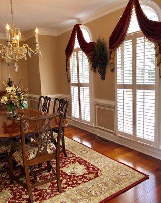 Dining Room...custom window treatments to soften the shutters.