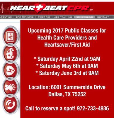 Call us to reserve a spot or schedule a time for us to come to you! Visit www.heartbeatcpr.net