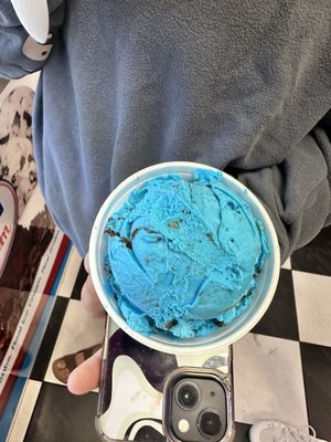 Cookie Monster ice cream- vanilla based with cookie dough and Oreo bits.