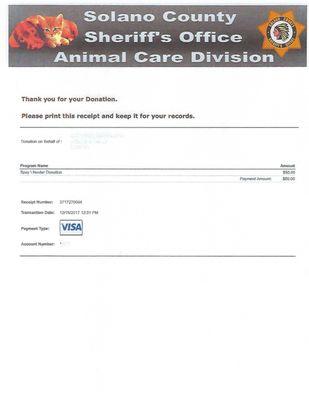 Thank you Justice F. & N M for your reviews, the Solano County Animal Shelter got another well-deserved donation!