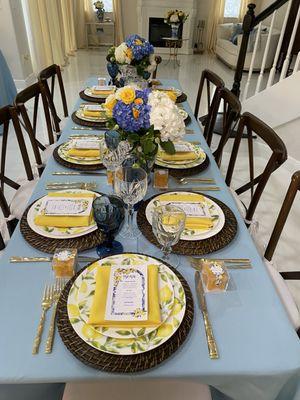 Tables, chairs, linens, charger plate