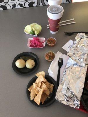 Cucumbers w lime, red salsa, grilled jalapeño, onions, tortillas, and chips!