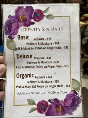 Pedicure menu