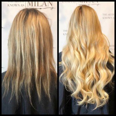 24 inch micro bead hair extensions by Milan. No heat, no glue, no Mess! Hair is reusable up to a year. Maintenance every five weeks.