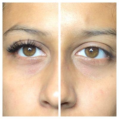 Before and after of a Natural Volume Set on Gorgeous Eyes - Looks like she had these lashes all along!