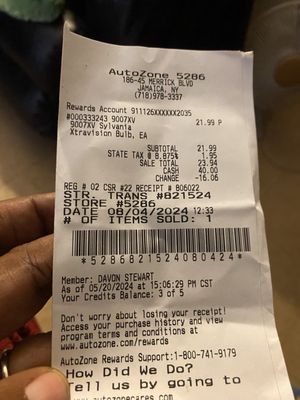 Receipt of purchase and the workers name