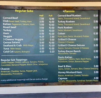 Regular Subs & Paninis Menu