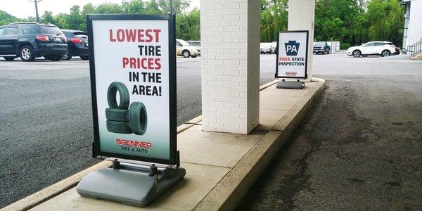 We have the lowest tire prices and FREE PA STATE INSPECTIONS for Brenner Family vehicles.