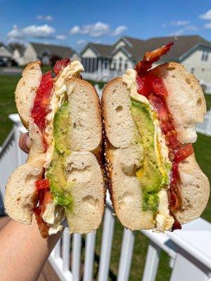 Bacon, egg, cheese, avocado, tomato on everything