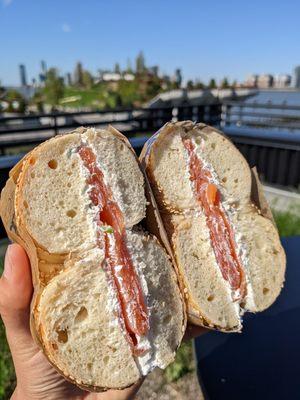 sesame bagel, lox, tofu scallion cream cheese