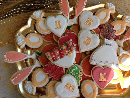 Fall bridal shower cookies with bride and groom's initials.