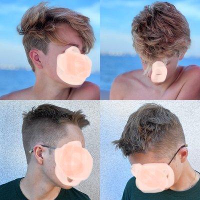 Top is what we asked for - beachy surfer easy no maintenance no product "messy" hair. Bottom is what we got - military style boys cut.