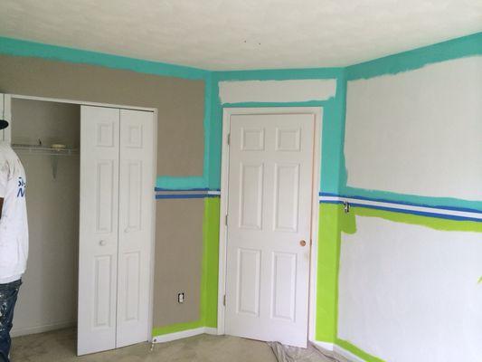 We're in the process of painting 3 different colors in this bedroom. Creating a line broader in the middle.