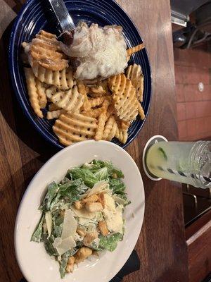 Caesar salad, flat iron steak and spicy mezcal margarita