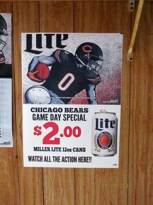 Join us for Chicago Bears Game Day Special!! $2.00 Miller Lite.