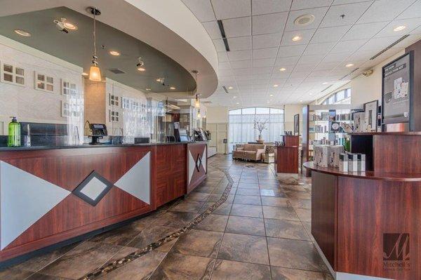 Reception center and cosmetic products display at Cincinnati and West Chester Township's best beauty salon Mitchell's Salon & Day Spa