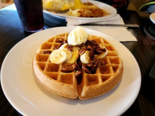 Banana, pecan, caramel Waffles.