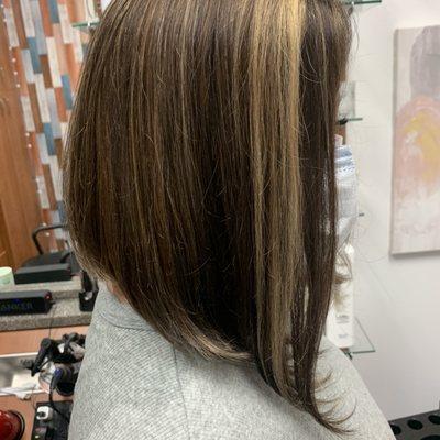 Contrast balayage and A-line haircut for this beautiful human