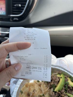 Price for 3 steak tacos, add avocado