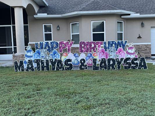 Brother and sister celebrated a combined birthday announcement using yard card sign.