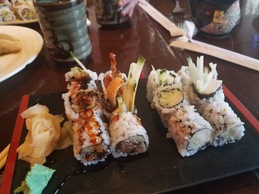 Salmon skin roll, white tuna and cucumber roll