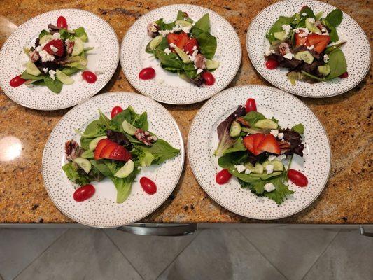 Mixed greens, pecans, goat cheese, English, cucumber, and strawberry