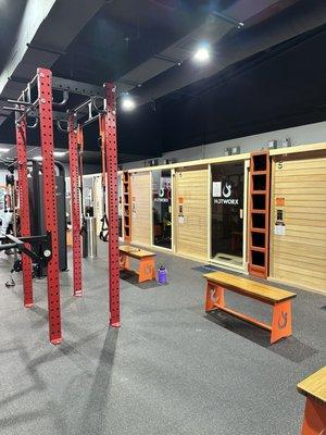 Sauna pods, benches and weight rack