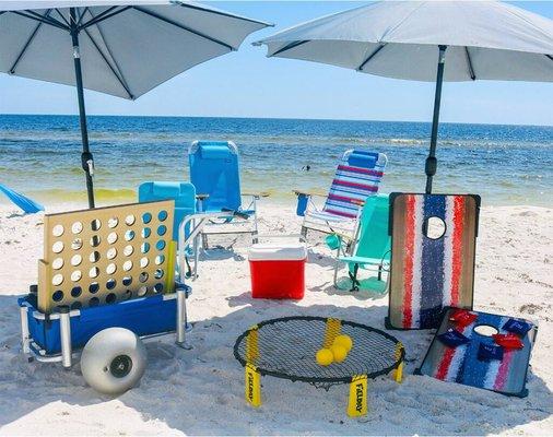 All the beach Gear you will need to enjoy the perfect vacation! Beach Chairs, Umbrellas, Bicycles, surfboards, etc...