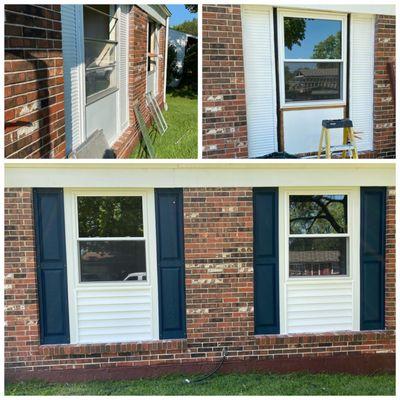 New beautiful navy shutters, white siding and windows in the bottom photo.