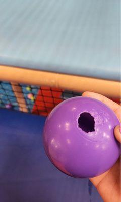 A ball pit ball that you can clearly see has been chewed on by a rodent of some sort.