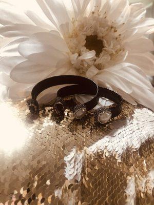 Twin Black Leather Bracelets with Pearls and Diamonds on Tips