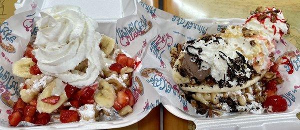 Small Strawberry Banana Bliss and Big triple banana split. Generous in size. Highly recommend at Funnel Cake Queen.