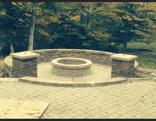 Patio, wall, steps, and fire pit