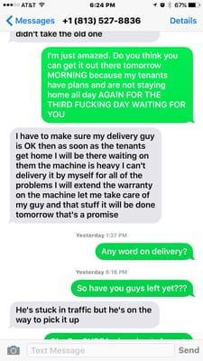 Conversation with "Bob" via text after second day of no show delivery.