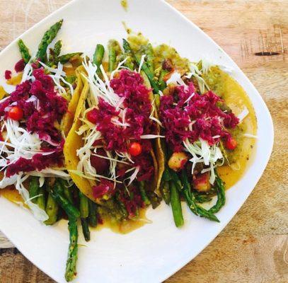 Asparagus with Nooch Verde on sprouted organic corn tortillas