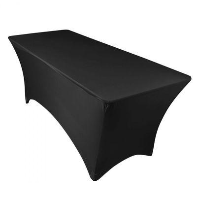 A black 6 foot rectangular stretch tablecloth features a serged hem, seamless design, and durable fabric quality!