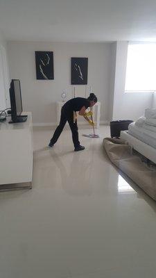 Hard at work! Call us and let us worry about leaving your floors streak free!