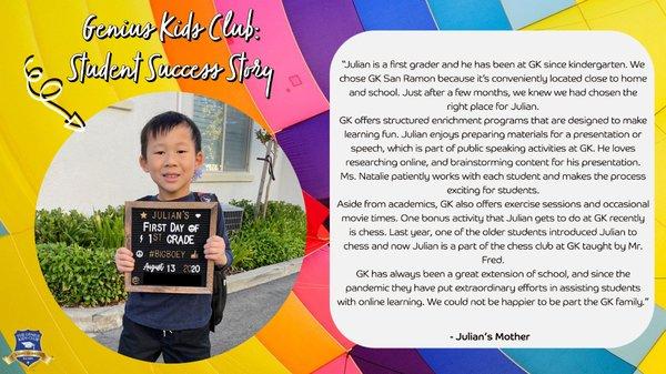 Julian's Success Story! Thank you to our Genius Kids Club family for providing us the chance to be part of Julian's educational path!