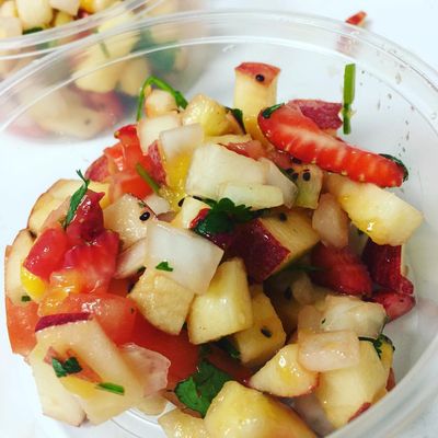 Summer fruit salsa is made fresh with six kinds of fruit topped with cinnamon and perfect for a snack with chips or your favorite meal.