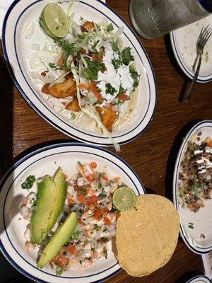 Top: fish taco; bottom: shrimp ceviche tostada