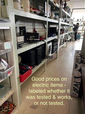 George Foreman grill, coffee makers, radio/alarm clocks, old monitors. They are labeled as to whether or not it was tested.