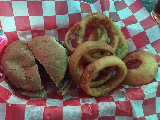 Bacon cheeseburger with onion rings  Not a bad burger but not the best. Onions rings are super oily and taste previously frozen