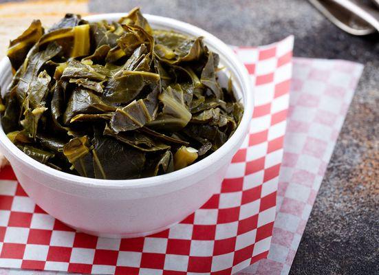 fresh picked collard greens cooked with smoked turkey or beef bacon