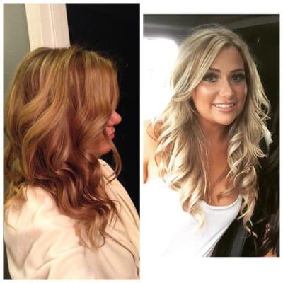 Before & After. Base break, highlight and Low lights, gloss/toner, haircut and Tape in EXTENSIONS!!! By Melissa H.