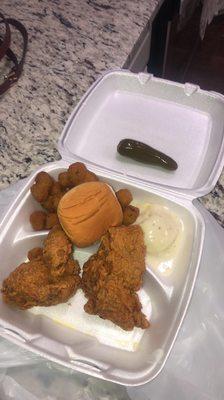 2 piece Chicken with Fried Okra and Potatoes w/ Gravy