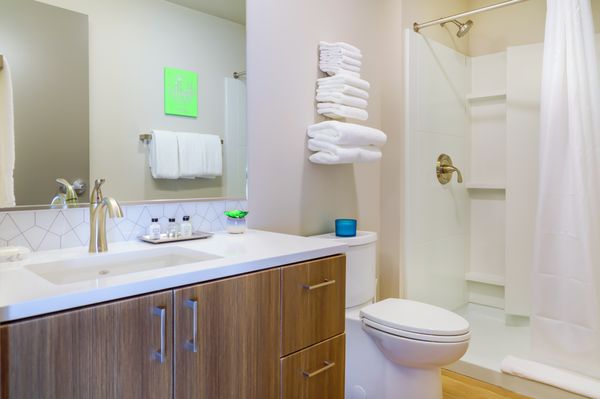 Bathroom with walk-in shower at Riverfront Park Travel Apartments