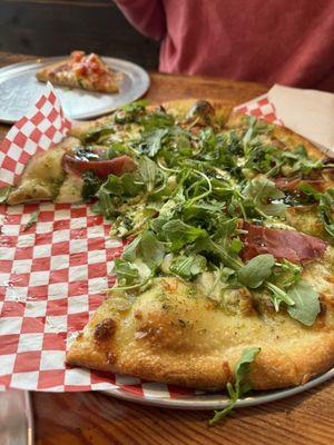 Didn't catch the name of this pie--but it had a pesto base and was topped with prosciutto, arugula, and mozzarella cheese.