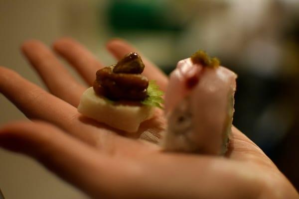 housemade mochi with shiso & pistachio miso on the left
 kanpachi & spicy potato roll on the right