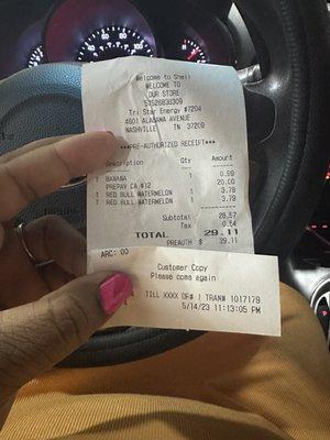 Receipt showing drinks are ringing incorrectly.