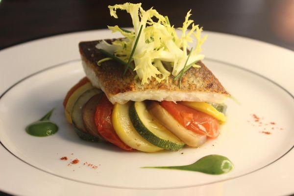 Pan Seared Branzino over French Ratatouille and Basil Pesto Le Delice Catering